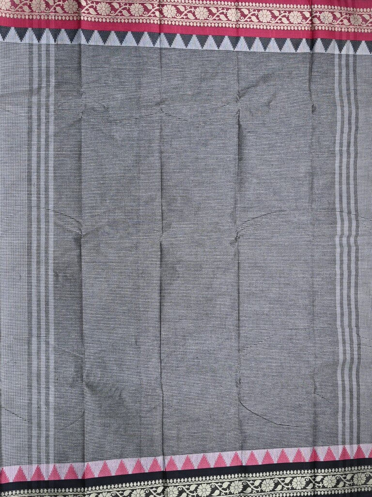 Dhaka cotton saree grey color allover plain & Small temple border with contrast pallu