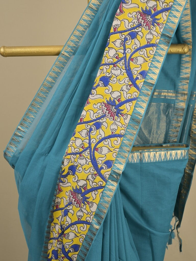 Mangalagiri cotton saree in sky blue color with kalamkari border and zari pallu & kalamkari blouse