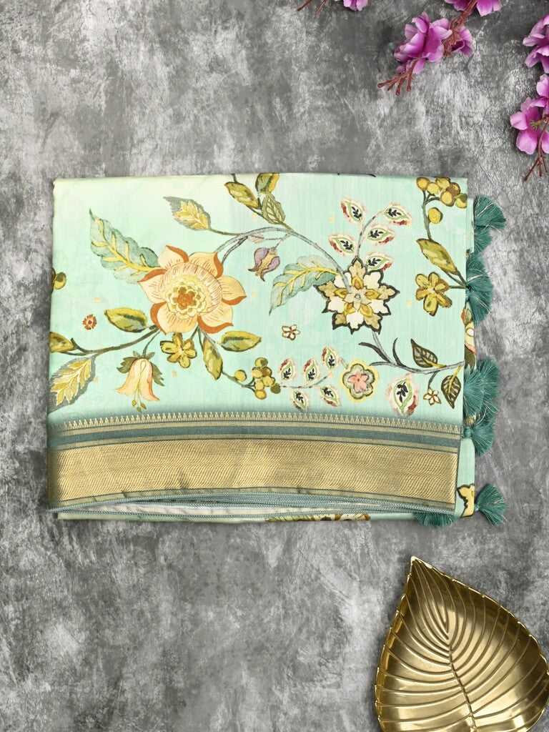 Dola silk fancy saree half white color allover prints & zari border with rich pallu and contrast plain blouse