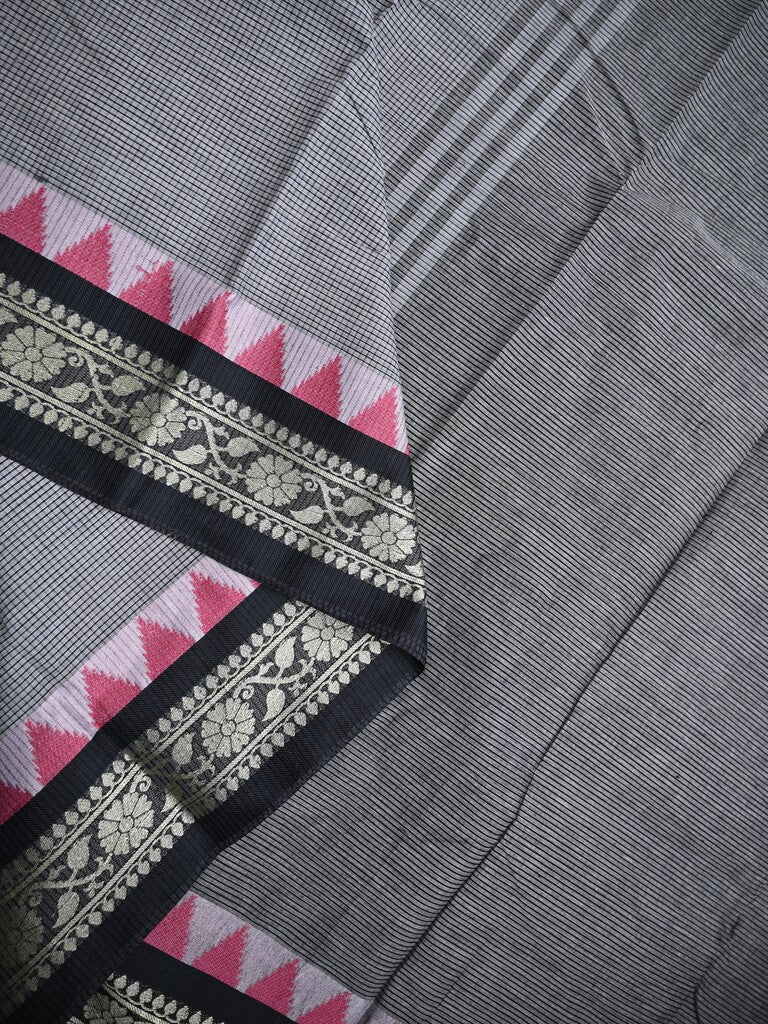 Dhaka cotton saree grey color allover plain & Small temple border with contrast pallu