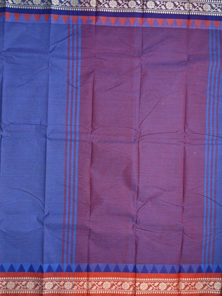 Dhaka cotton saree navy blue color allover plain & Small temple border with contrast pallu