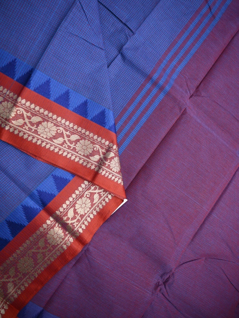 Dhaka cotton saree navy blue color allover plain & Small temple border with contrast pallu