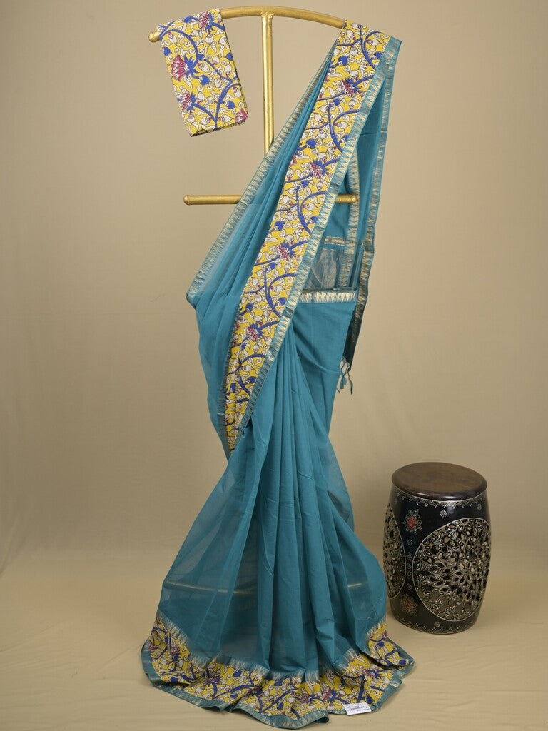 Mangalagiri cotton saree in sky blue color with kalamkari border and zari pallu & kalamkari blouse