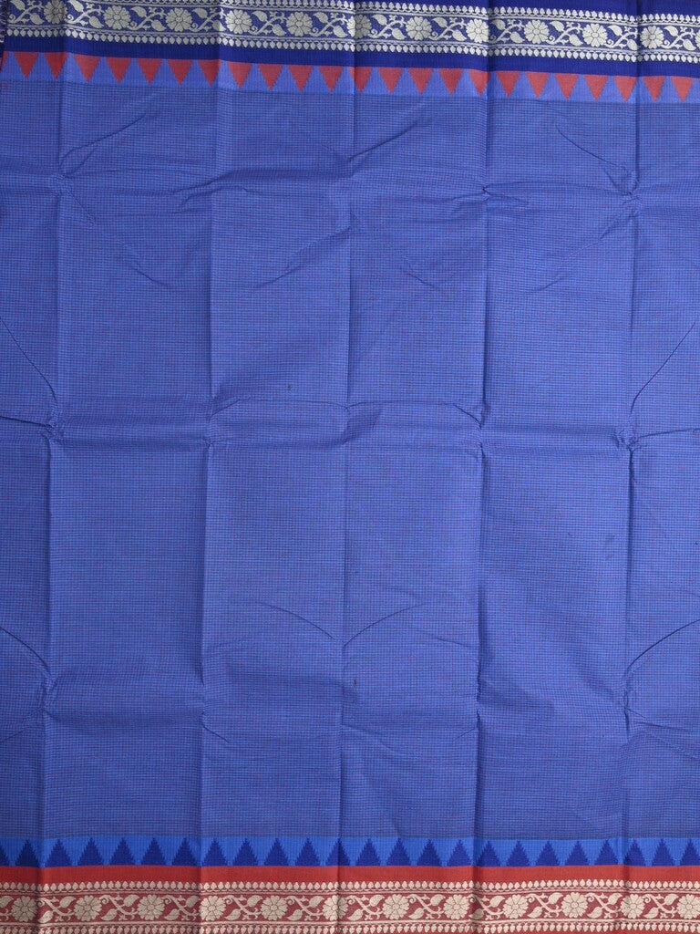 Dhaka cotton saree navy blue color allover plain & Small temple border with contrast pallu