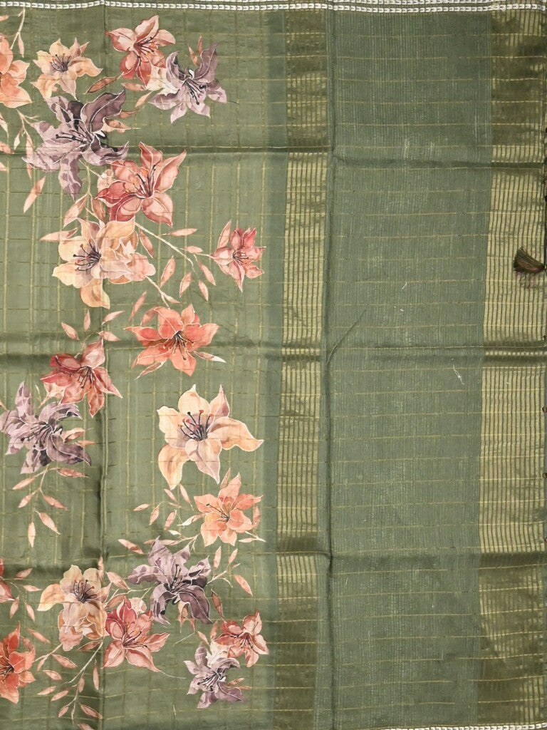 Tussar fancy saree olive green color allover checks & prints with contrast pallu and printed blouse