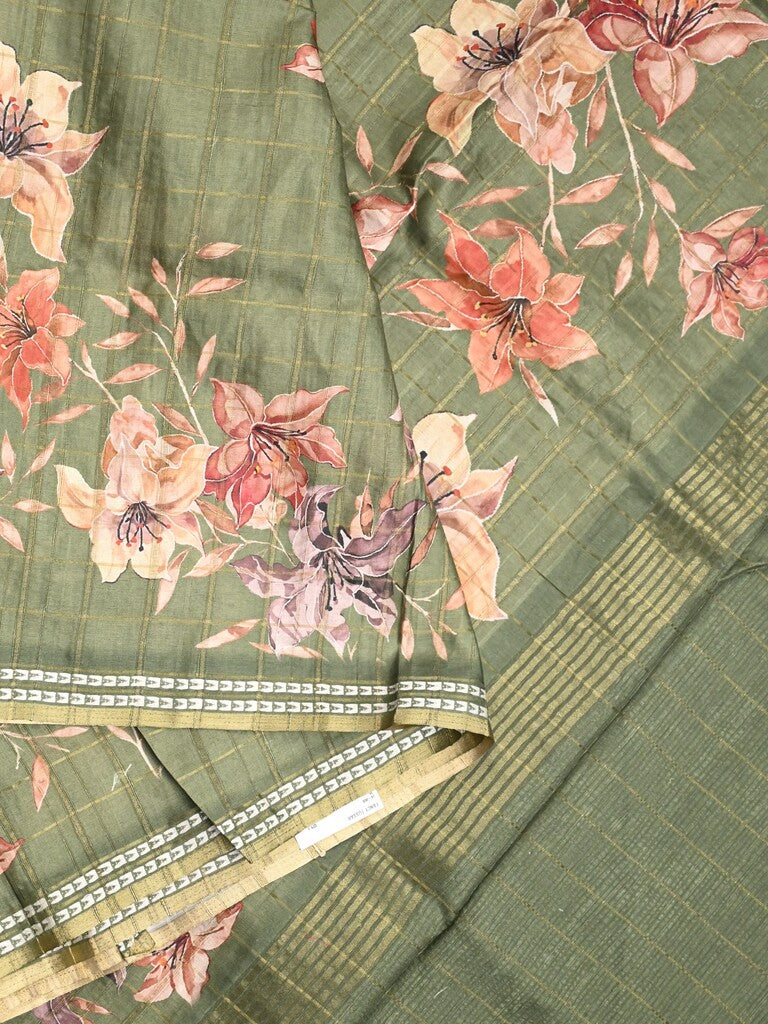 Tussar fancy saree olive green color allover checks & prints with contrast pallu and printed blouse