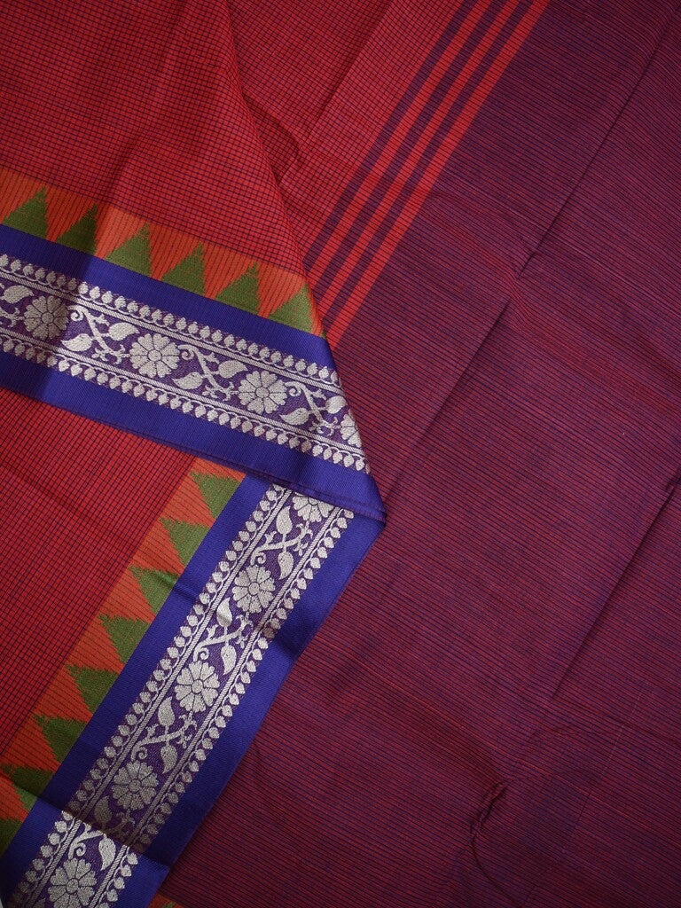 Dhaka cotton saree brown color allover plain & Small temple border with contrast pallu