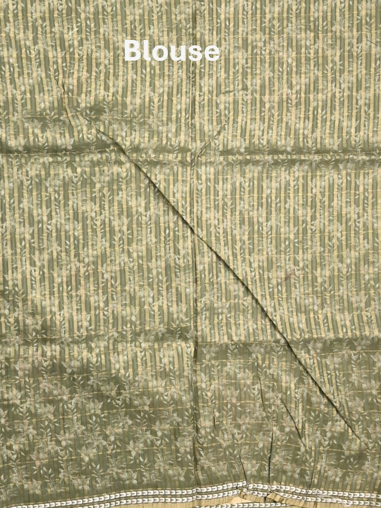 Tussar fancy saree olive green color allover checks & prints with contrast pallu and printed blouse