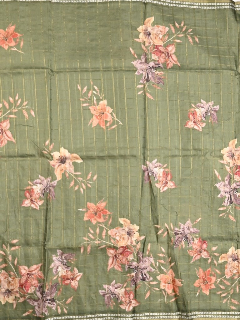 Tussar fancy saree olive green color allover checks & prints with contrast pallu and printed blouse