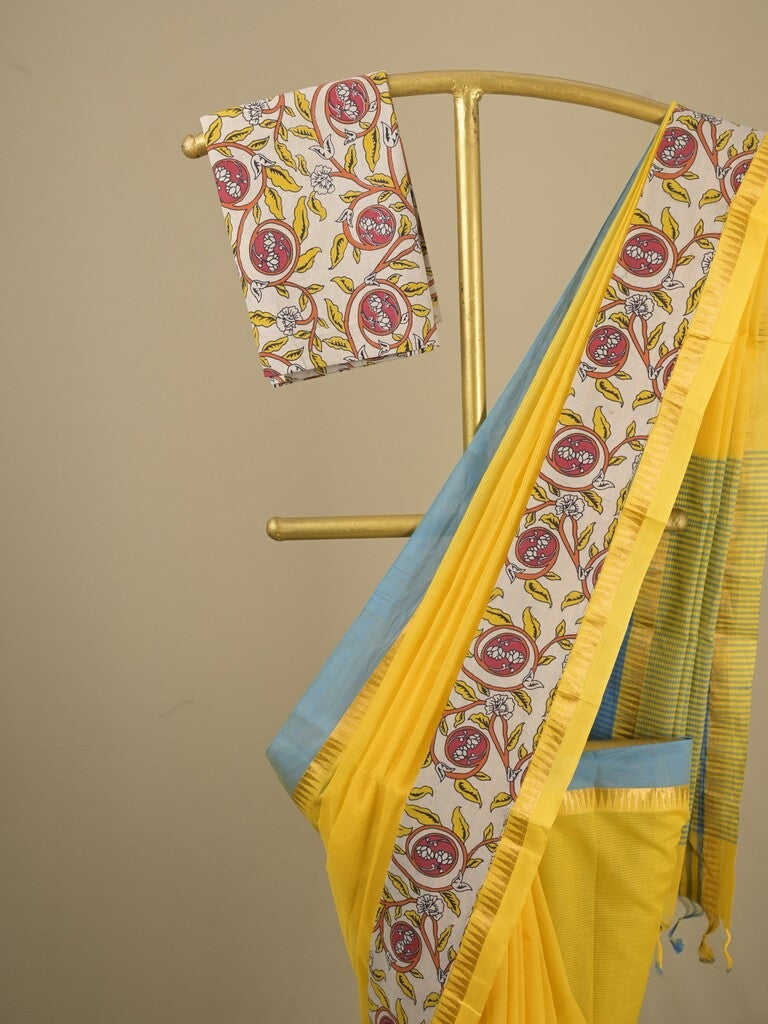 Mangalagiri cotton saree in yellow color with kalamkari border and zari pallu & kalamkari blouse