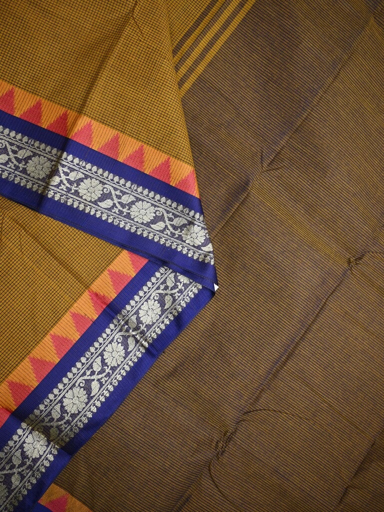 Dhaka cotton saree snuff color allover plain & Small temple border with contrast pallu