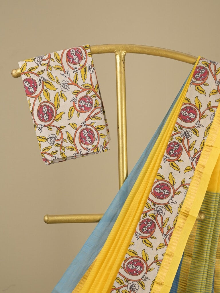 Mangalagiri cotton saree in yellow color with kalamkari border and zari pallu & kalamkari blouse