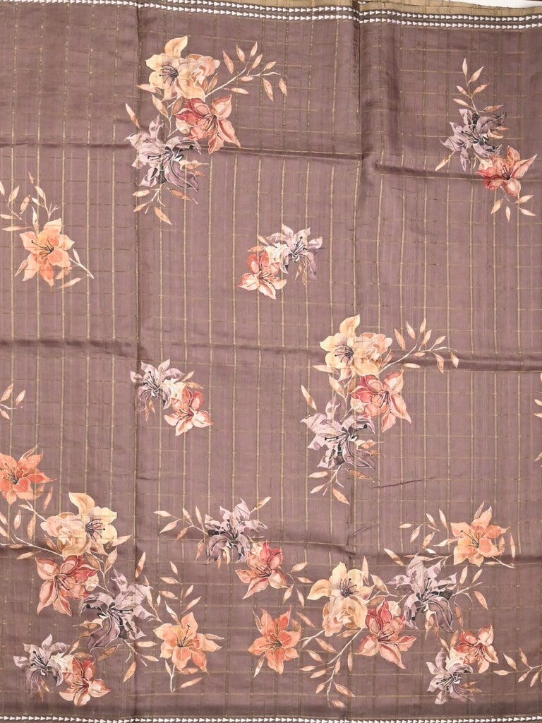 Tussar fancy saree grey color allover checks & prints with contrast pallu and printed blouse