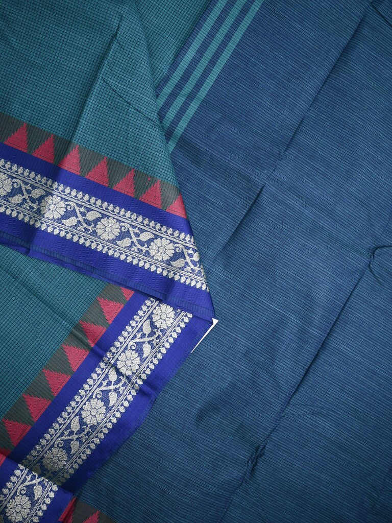 Dhaka cotton saree indigo blue color allover plain & Small temple border with contrast pallu