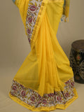 Mangalagiri cotton saree in yellow color with kalamkari border and zari pallu & kalamkari blouse