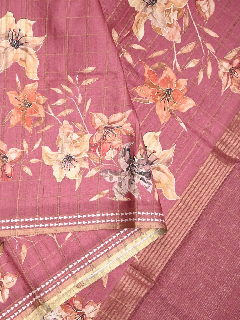 Tussar fancy saree onion pink color allover checks & prints with contrast pallu and printed blouse