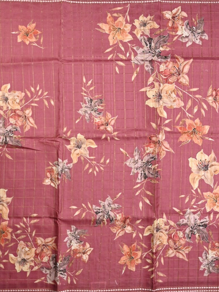 Tussar fancy saree onion pink color allover checks & prints with contrast pallu and printed blouse