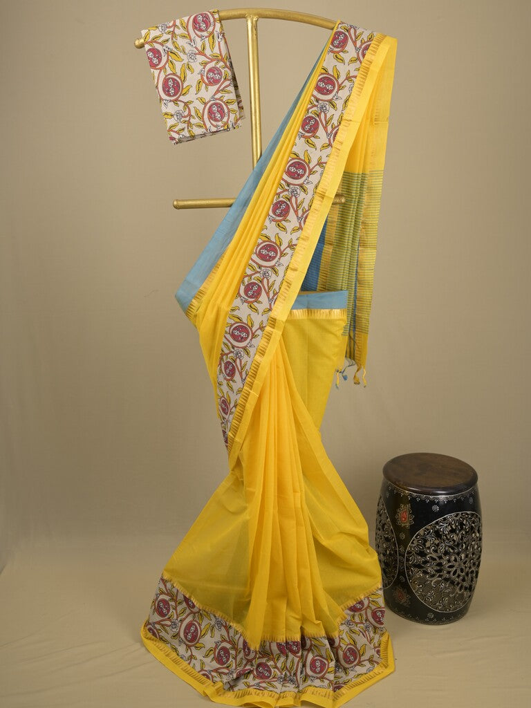 Mangalagiri cotton saree in yellow color with kalamkari border and zari pallu & kalamkari blouse