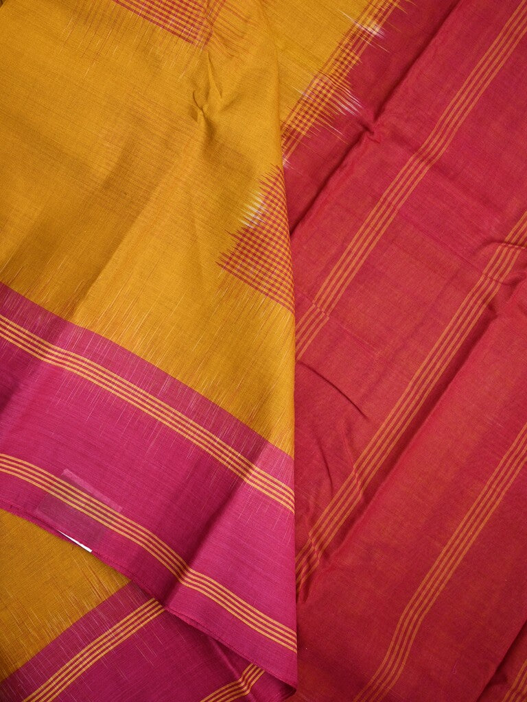 Dhaka cotton saree golden yellow color allover prints & Small kaddi border with contrast pallu and plain blouse