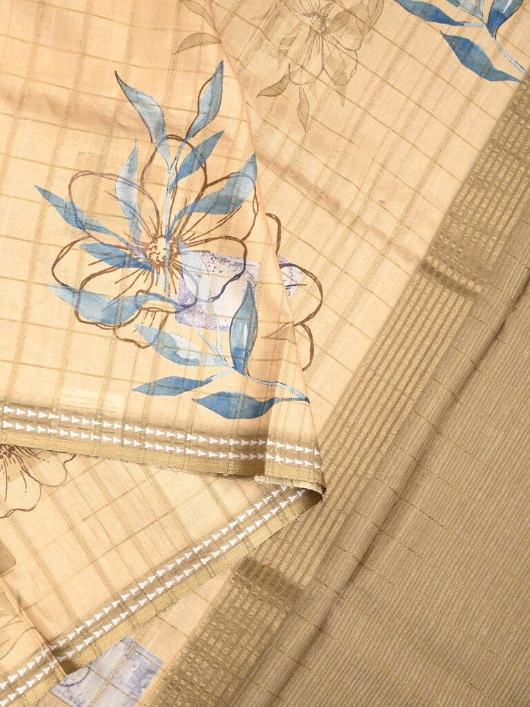 Tussar fancy saree cream color allover checks & prints with contrast pallu and printed blouse