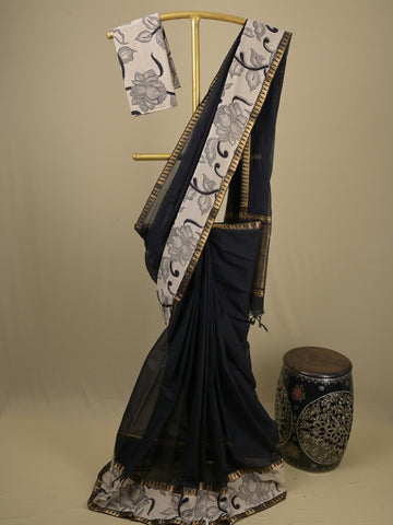 Mangalagiri cotton saree in black color with kalamkari border and zari pallu & kalamkari blouse