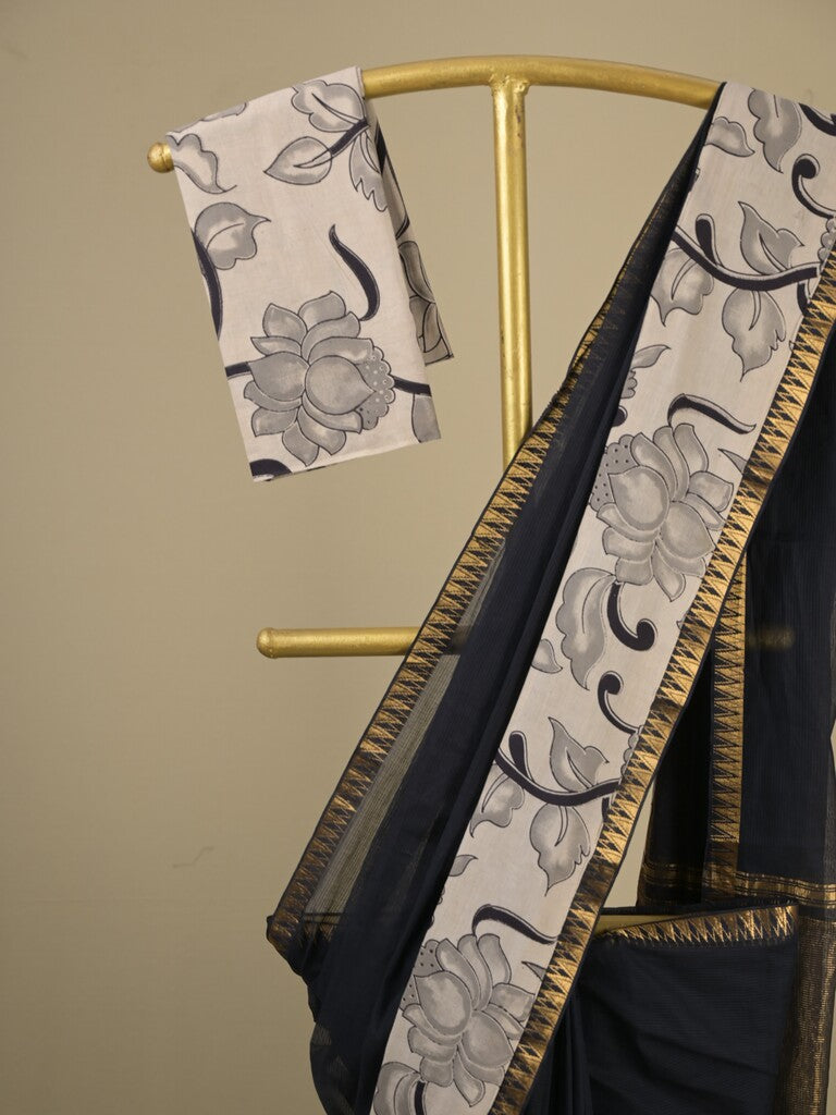 Mangalagiri cotton saree in black color with kalamkari border and zari pallu & kalamkari blouse