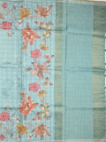 Tussar fancy saree light blue color allover checks & prints with contrast pallu and printed blouse
