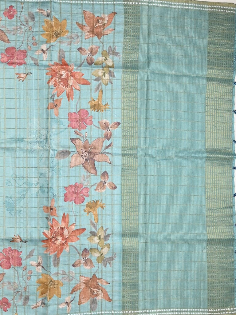 Tussar fancy saree light blue color allover checks & prints with contrast pallu and printed blouse