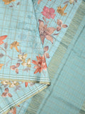 Tussar fancy saree light blue color allover checks & prints with contrast pallu and printed blouse