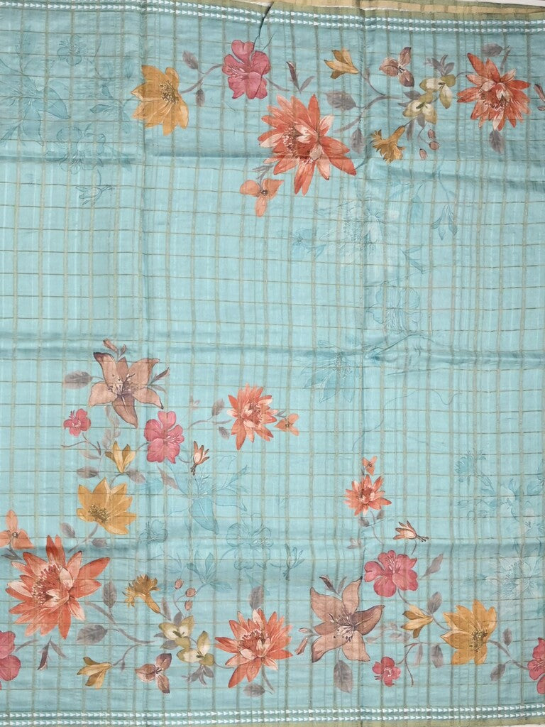 Tussar fancy saree light blue color allover checks & prints with contrast pallu and printed blouse