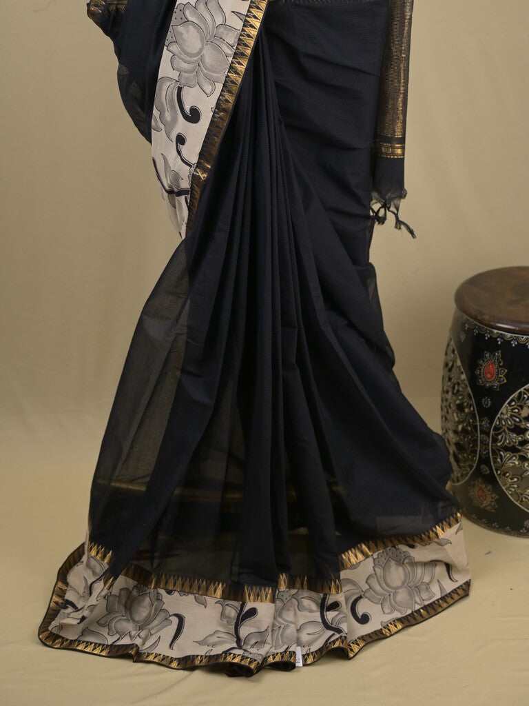Mangalagiri cotton saree in black color with kalamkari border and zari pallu & kalamkari blouse