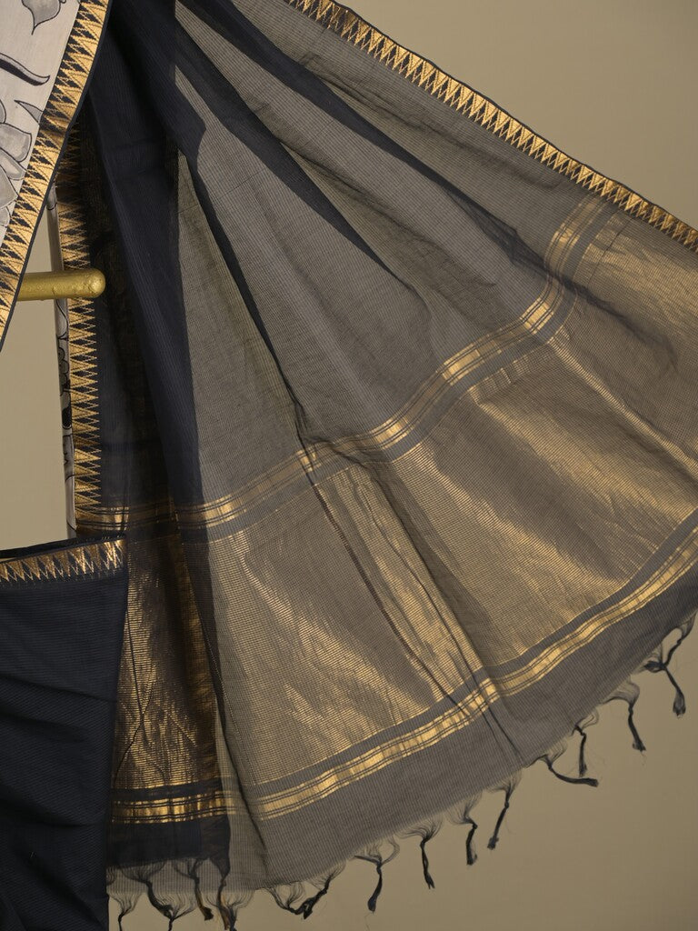 Mangalagiri cotton saree in black color with kalamkari border and zari pallu & kalamkari blouse
