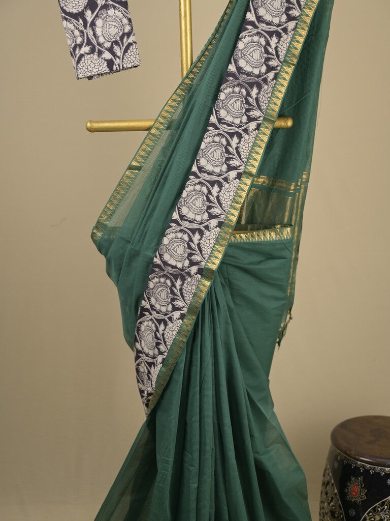Mangalagiri cotton saree in dark green color with kalamkari border and zari pallu & kalamkari blouse