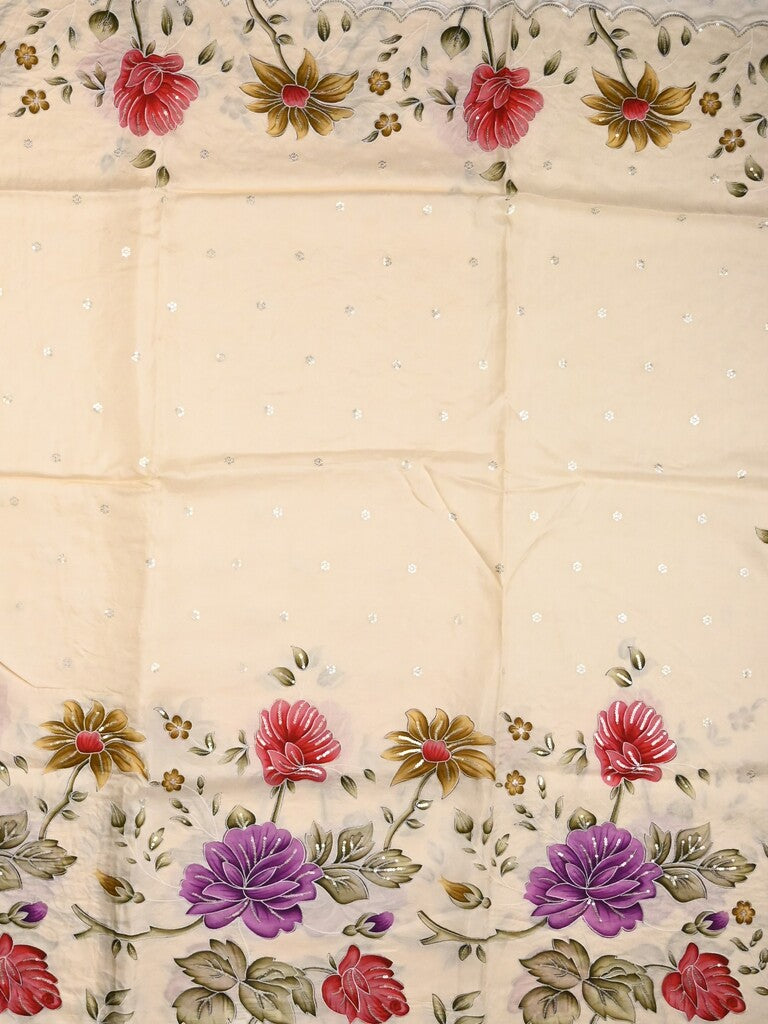 Dola silk fancy saree light cream color allover prints, sequence work & cutwork border with running pallu
