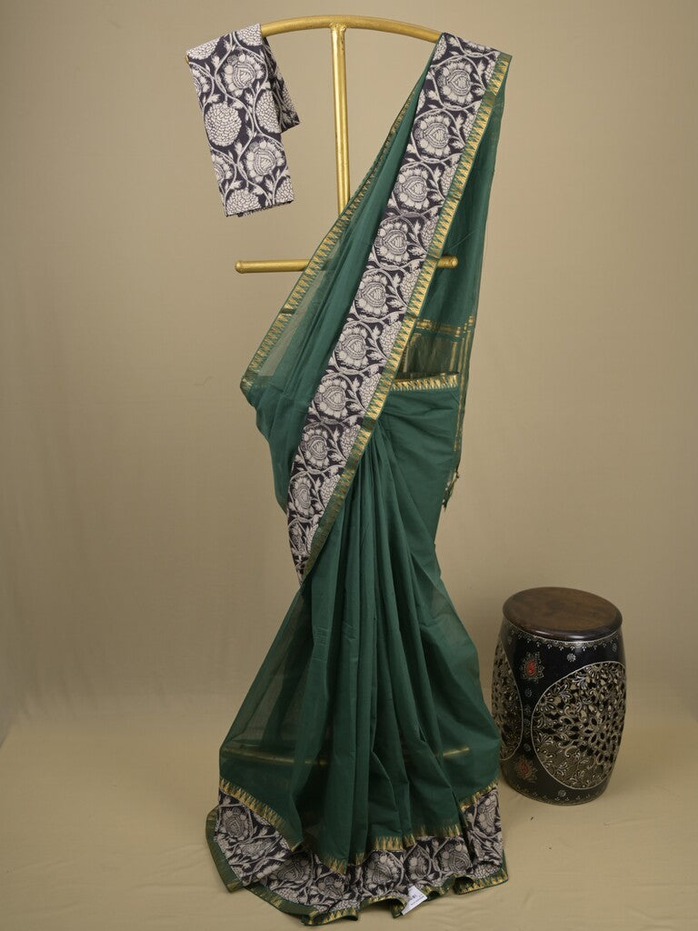 Mangalagiri cotton saree in dark green color with kalamkari border and zari pallu & kalamkari blouse