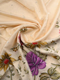 Dola silk fancy saree light cream color allover prints, sequence work & cutwork border with running pallu