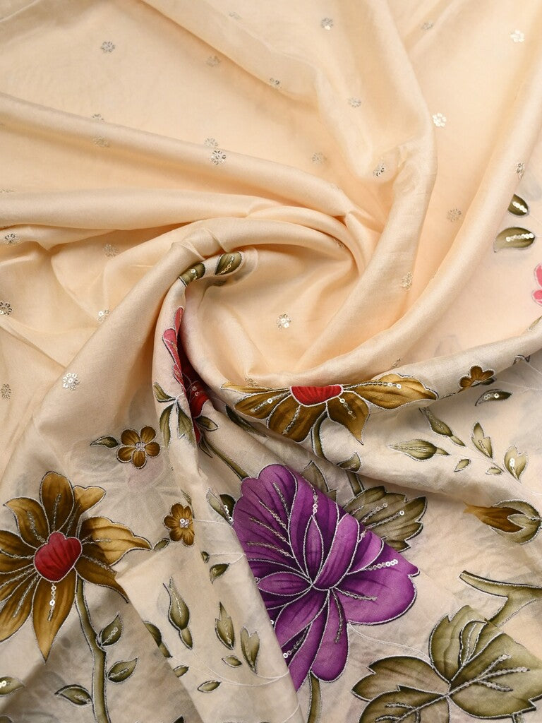 Dola silk fancy saree light cream color allover prints, sequence work & cutwork border with running pallu