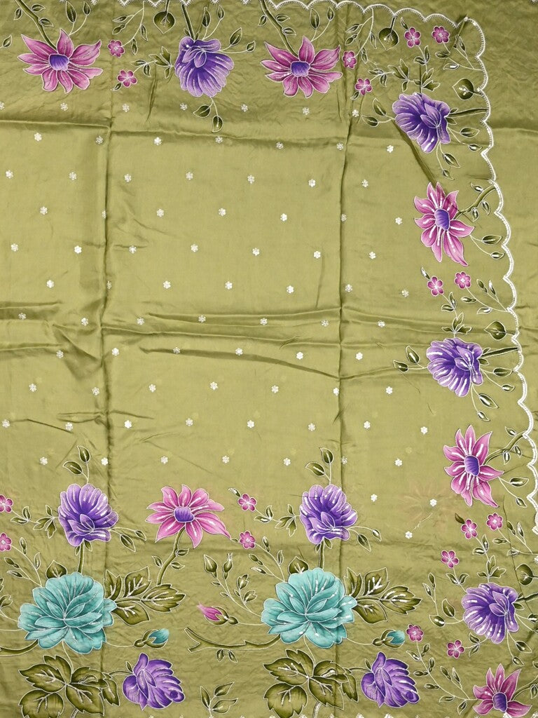 Dola silk fancy saree light olive green color allover prints, sequence work & cutwork border with running pallu