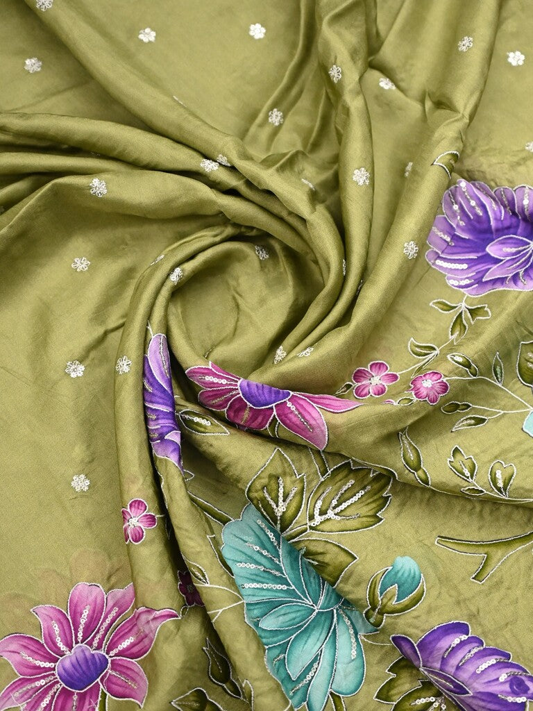 Dola silk fancy saree light olive green color allover prints, sequence work & cutwork border with running pallu