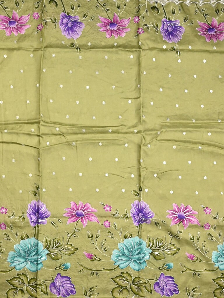 Dola silk fancy saree light olive green color allover prints, sequence work & cutwork border with running pallu