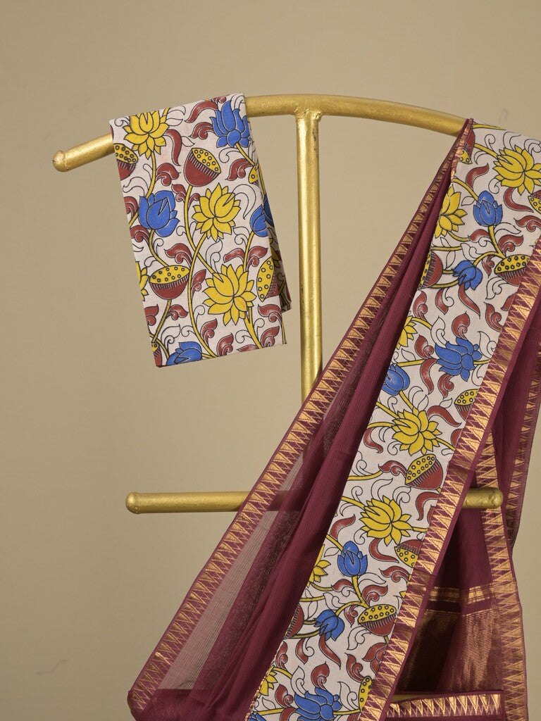 Mangalagiri cotton saree in maroon color with kalamkari border and zari pallu & kalamkari blouse