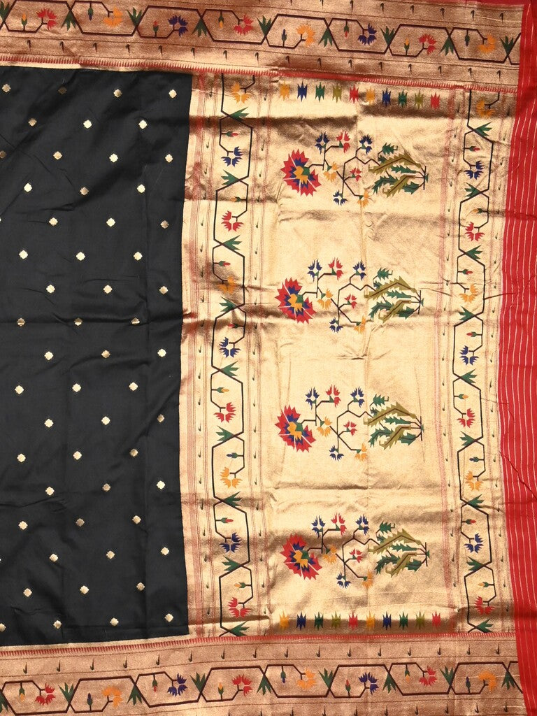 Banaras pattu saree black color allover zari motifs & paithani border with paithani pallu and contrast blouse