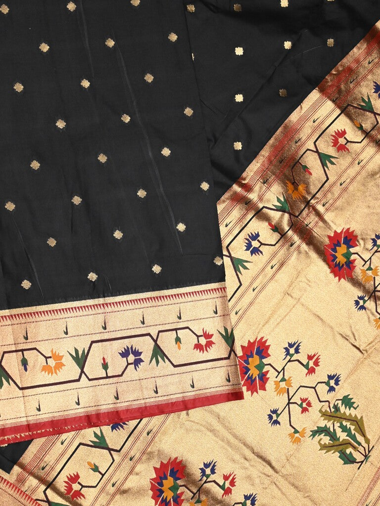 Banaras pattu saree black color allover zari motifs & paithani border with paithani pallu and contrast blouse