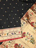 Banaras pattu saree black color allover zari motifs & paithani border with paithani pallu and contrast blouse