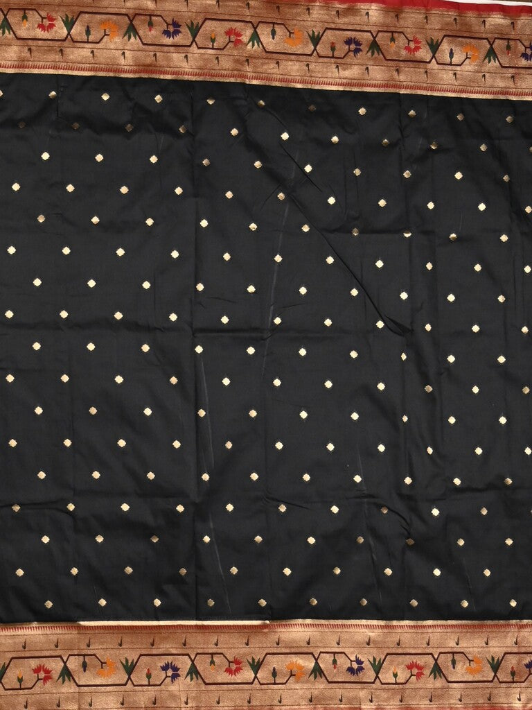 Banaras pattu saree black color allover zari motifs & paithani border with paithani pallu and contrast blouse