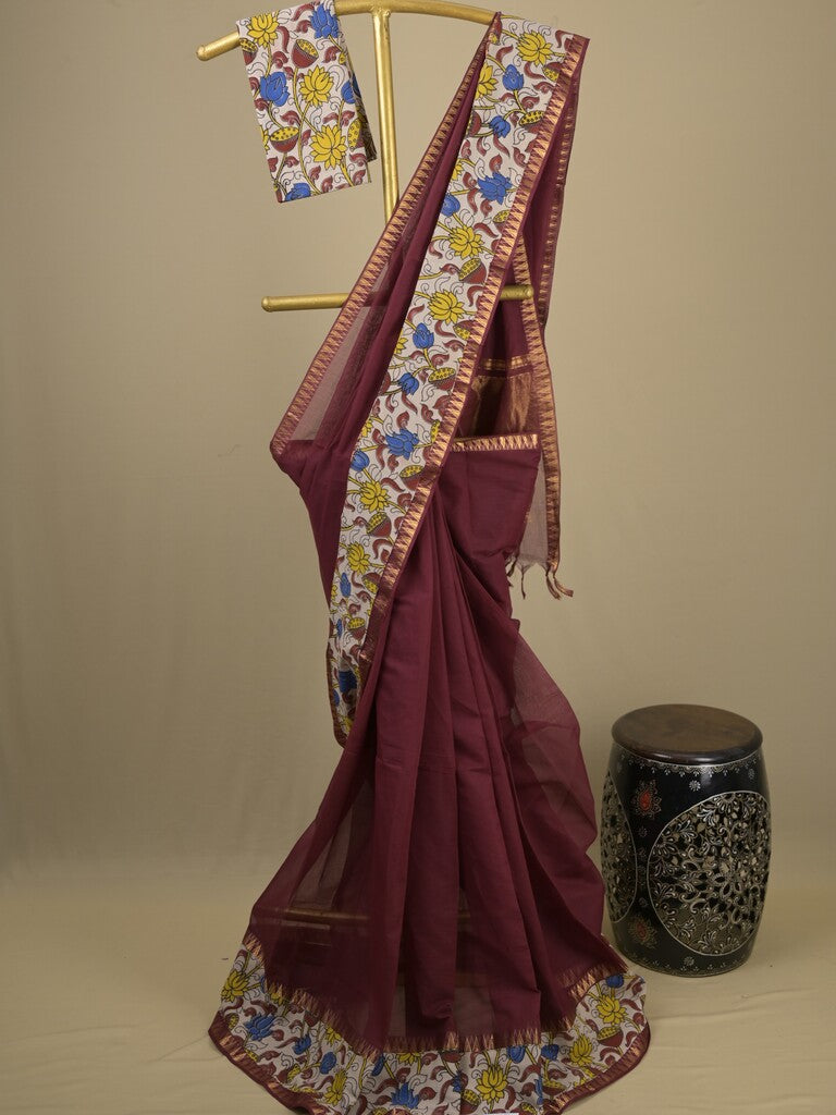 Mangalagiri cotton saree in maroon color with kalamkari border and zari pallu & kalamkari blouse