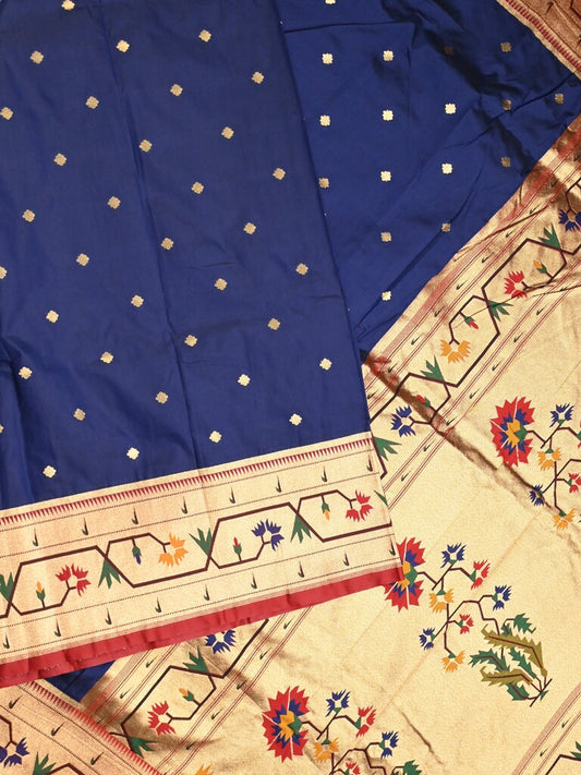 Banaras pattu saree royal blue color allover zari motifs & paithani border with paithani pallu and contrast blouse