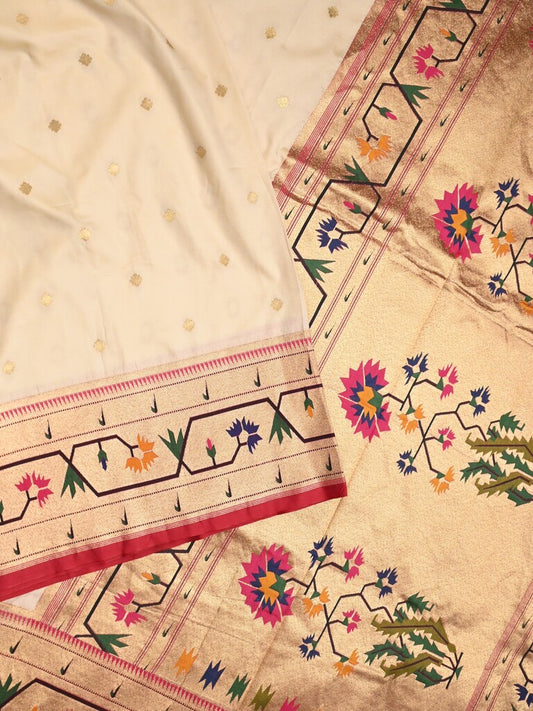 Banaras pattu saree half white color allover zari motifs & paithani border with paithani pallu and contrast blouse