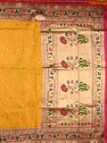 Banaras pattu saree golden yellow color allover zari motifs & paithani border with paithani pallu and contrast blouse