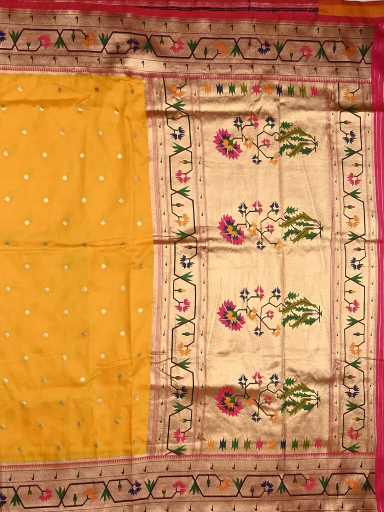 Banaras pattu saree golden yellow color allover zari motifs & paithani border with paithani pallu and contrast blouse